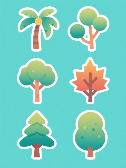 一组6个不同树木的扁平化插画，保持与原图一致的卡通风格，每个树木都有独特的形态特征：椰树、杨树、樟树、枫树、松树、柏树。统一采用纯色背景，整体色彩变换为清新明快的蓝绿色调。树木的枝干和树叶使用渐变色彩，边缘有清晰的轮廓线，细节处理简洁可爱。6个树木元素规整地排列成两行三列，形成一个和谐统一的系列素材集合。预览效果