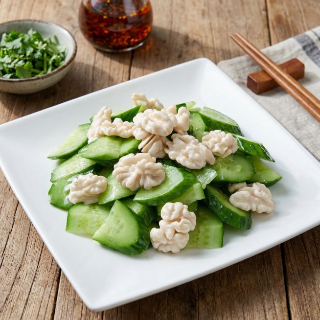 模仿参考图生成类似的黄瓜拌核桃仁凉菜照片，不要和原图一模一样，更换完全不同的真实背景，不要和原背景相似。所有核桃仁颜色调整为纯白色，保持构图：黄瓜切片拌核桃仁放在白盘子里，特写视角，尺寸为750x75预览效果