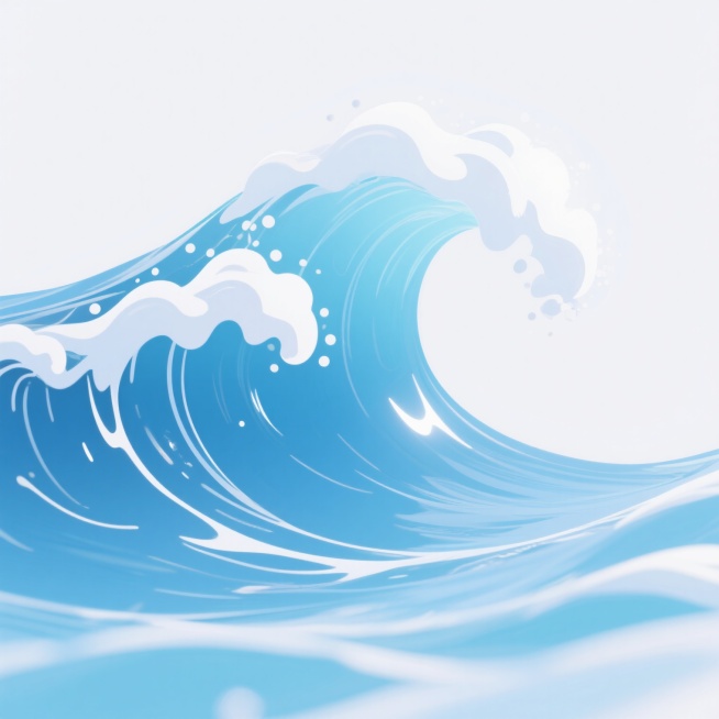 白色背景上，以明亮通透的渐变蓝色为主色调，采用平滑流畅的数字插画风格绘制的汹涌海浪，浪花呈纯净的白色，线条圆润饱满，带有轻微的高光和阴影细节，营造出清新明快的海洋氛围，水波纹理清晰可见，整体构图充满动感与活力。预览效果