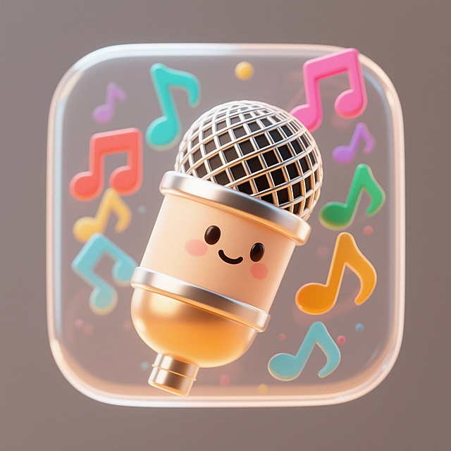 生成一个立体麦克风ui，周围环绕音符，背景透明