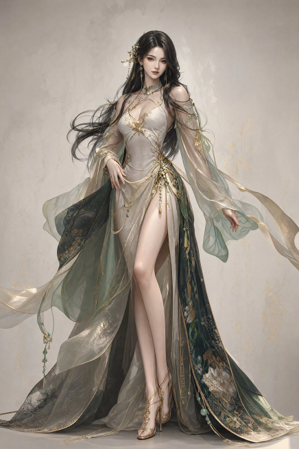 下一代CG写实东方女性原创角色，妖娆优美的东方美人，优雅高挑的模特身材，纤细大长腿，精致鹅蛋脸，丹凤眼，柔美五官，瓷白通透皮肤，真实皮肤纹理，乌黑长发披肩，层次国风奢华服饰，真丝内搭配半透纱衣，织锦长预览效果