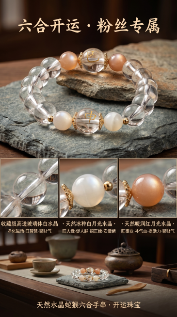 基于现有手串产品图，生成商业特写级8K超高清海报，聚焦天然白水晶六合蛇猴贵人手串的细节特写，分镜式呈现核心卖点： 1. 主视觉特写：保留产品原有样式，手串整体置于天然青石板上，暖光下凸显白水晶的高透玻预览效果