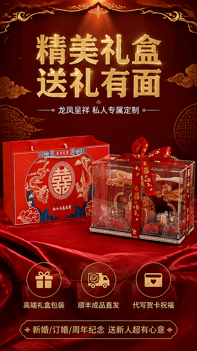 第7张 礼盒礼赠页-龙凤呈祥礼盒开箱展示。本张使用【图4】作为礼盒包装展示主体。
[氛围/风格] 高端礼赠风，红金中式礼盒，开箱仪式感，拼多多风格突出礼赠价值。
[元素布局] 画面中央展示图4的龙凤呈祥礼盒套装：左侧红色手提袋（印有龙凤、喜字、私人专属定制字样），右侧透明亚克力礼盒（系有红色丝带，丝带上有大喜的日子字样），礼盒内可见中式婚礼立体相框；背景为深红色，有金色祥云纹样，顶部有金色卷草纹装饰，底部有红色丝绸衬布。
[光影质感] 顶部柔光打亮礼盒，红色丝带和金色烫金图案有明显光泽，亚克力礼盒有通透高光，整体高端大气有仪式感。
[配色色系] 全局底色 #8B0000 深红；主色正红+金色；辅助色透明亚克力、黑色底座。
[视角构图] 正面平视，礼盒套装在画面中央，手提袋在左、礼盒在右，呈45度角摆放，阅读动线从上到下。
[文字版式] 顶部大标题「精美礼盒 送礼有面」金色粗黑体；副标题「龙凤呈祥 私人专属定制」白色小字；礼盒下方三个卖点图标：「高端礼盒包装」「顺丰成品直发」「代写贺卡祝福」；底部标注「新婚/订婚/周年纪念 送新人超有心意」。
[比例分辨率] 9:16竖版比例，4K分辨率，文字清晰可辨，高清画质。
[负向提示词] 礼盒变形，图案错乱，颜色偏差，水印，文字错乱，产品图模糊。