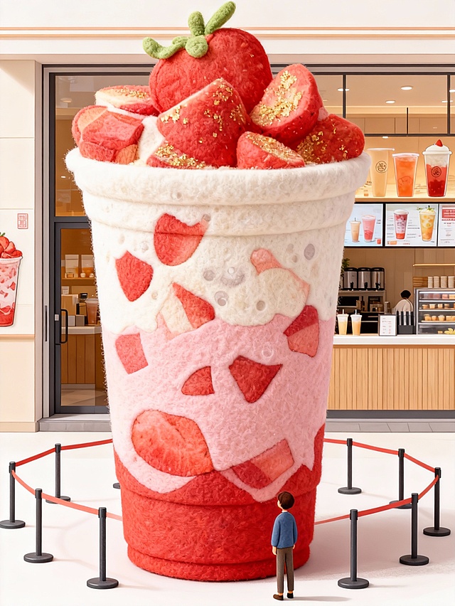 把图片主体做成充满创意和梦幻色彩的绘本风格的巨型毛毡艺术卡通风格雕塑放置在画面中心（主体的穿搭保持不变），主体站在一旁欣赏（与巨型主体形成比例反差），围栏隔离展示，背景是奶茶店门口