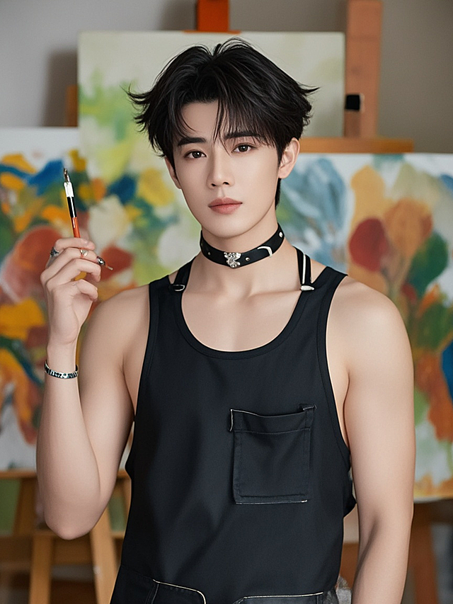 男生，健壮，画家，穿着围兜形状清晰，背景是画室，拿着画笔