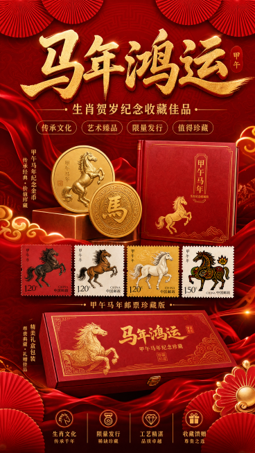参考原海报红色喜庆中国风版式，生成马年主题纪念收藏海报，沿用原海报设计风格，顶部金色大字标题"马年鸿运"，副标题"生肖贺岁纪念收藏佳品"，画面主体展示甲午马年生肖纪念主题，保留红色折扇、祥云传统装饰，预览效果