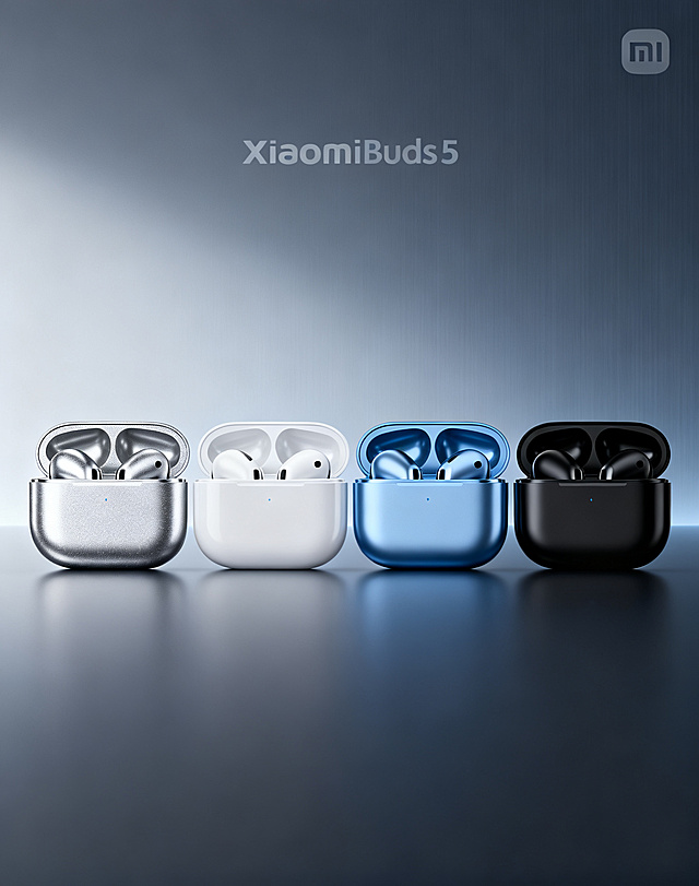 产品介绍主图，展示XiaomiBuds5蓝牙耳机全系列配色，包含星光银、月岩白、冰晶蓝、炭晶黑，小米品牌风格，简洁大气科技感，配色排列整齐展示，750px宽，高不超过1000px，高清