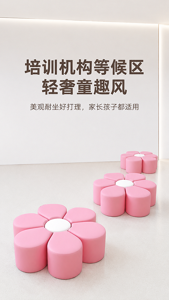 主文案"培训机构等候区 轻奢童趣风"居中放大，粗黑字体，深棕色；副文案"美观耐坐好打理，家长孩子都适用"居中在主文案下方，纤细字体，颜色比主文案浅一度；上下居中对齐，版式完全统一。极简构图：画面采用大面积留白处理，多套粉色花朵凳以非对称方式摆放于画面偏下或偏右区域；背景为培训机构等候区局部实景——纯白墙面+浅灰/浅米色地面，墙面干净无多余装饰，仅保留1-2处极简线条或柔和灯光带；整体构图简洁克制，主体突出，空间感通透。高清8K分辨率，整体色调明亮干净，白平衡偏冷调或中性；高光柔和通透，无阴影堆积；产品皮革色彩鲜亮真实，与浅色背景形成干净对比；画面无多余杂物、无繁复装饰，极简高级；光影均匀，质感通透耐看