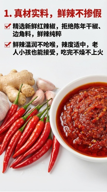 左侧摆新鲜现摘红辣椒、生姜、大蒜，洗净沥干，色泽鲜亮，右侧摆1碗用用户提供的远嫂原味辣椒酱舀出的酱料，特写，质地细腻，背景浅灰色，干净清爽。文案排版：顶部左对齐"1. 真材实料，鲜辣不掺假"加粗，红色预览效果