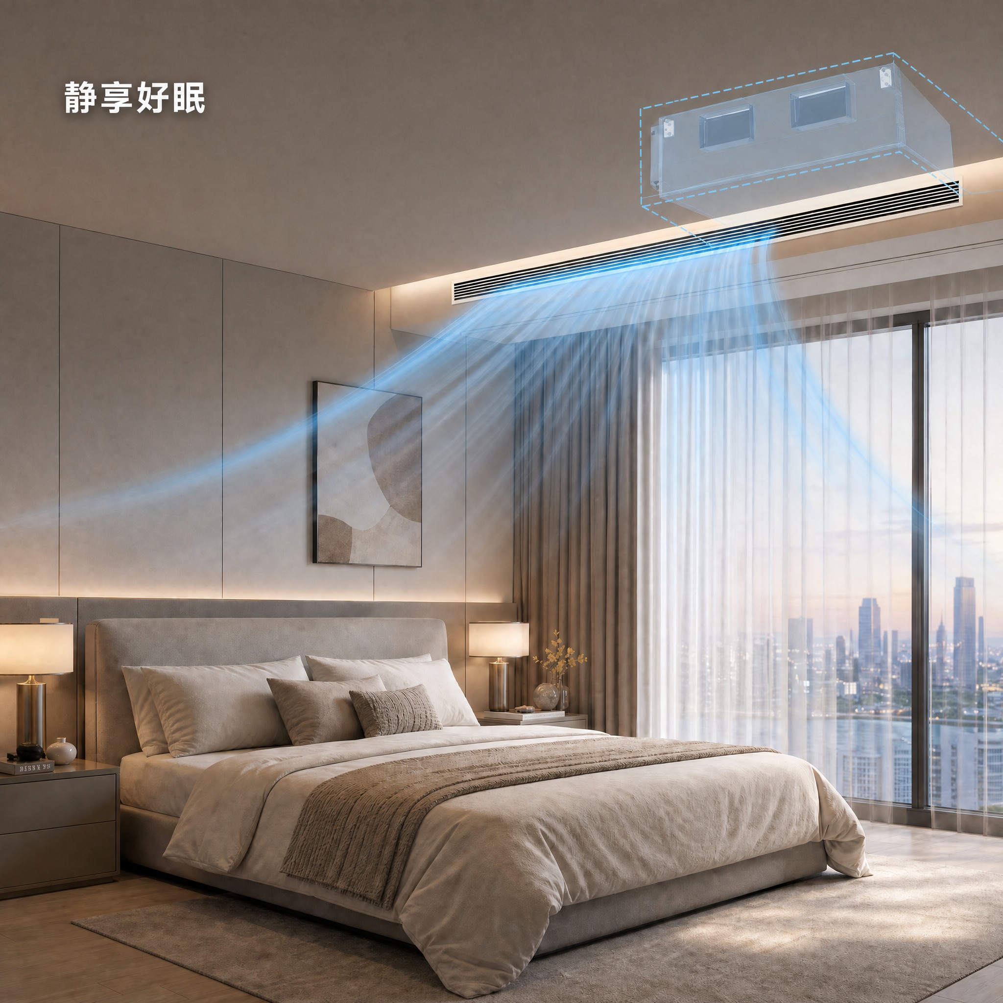 精简这张卧室隐藏安装风管机场景图的文字，大幅减少文字量，只保留… - 图片创意预览