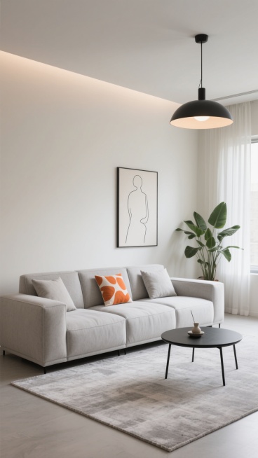 极简主义风格客厅场景，主体为造型前卫的模块组合式浅灰色布艺沙发，线条流畅利落，搭配几个几何形状的同色系靠垫与一个橙色抽象图案抱枕，沙发下方是浅灰色纹理地毯，前方为黑色细腿圆形小茶几，上面摆放简约装饰品。背景墙为米白色，悬挂一幅线条简约的抽象人物轮廓装饰画，左侧有一扇装有半透明白色纱帘的窗户，右侧角落放置一盆大型绿植增添生机。顶部悬挂一盏黑色金属质感吊灯，柔和的自然光与室内灯光交织，营造出温馨、……预览效果