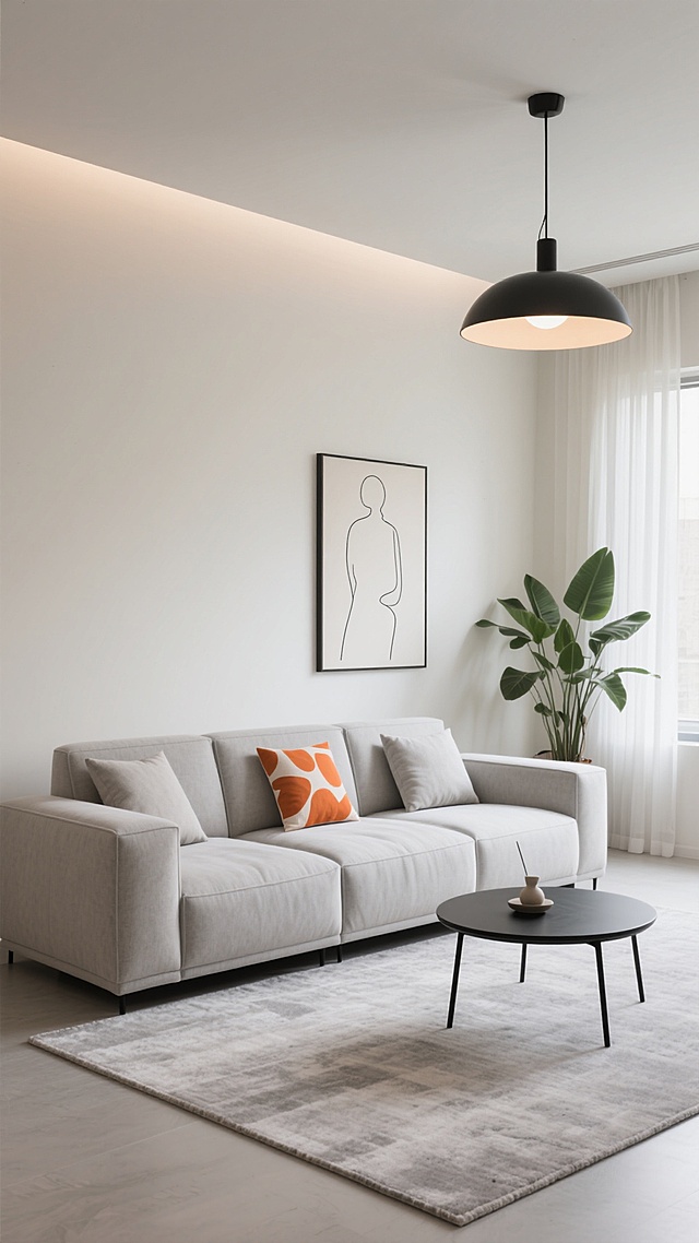 极简主义风格客厅场景，主体为造型前卫的模块组合式浅灰色布艺沙发，线条流畅利落，搭配几个几何形状的同色系靠垫与一个橙色抽象图案抱枕，沙发下方是浅灰色纹理地毯，前方为黑色细腿圆形小茶几，上面摆放简约装饰品。背景墙为米白色，悬挂一幅线条简约的抽象人物轮廓装饰画，左侧有一扇装有半透明白色纱帘的窗户，右侧角落放置一盆大型绿植增添生机。顶部悬挂一盏黑色金属质感吊灯，柔和的自然光与室内灯光交织，营造出温馨、宁静、高级且充满现代设计感的氛围，整体色调以灰白为基础，点缀少量橙色，光影层次丰富，空间通透，材质表现细腻。