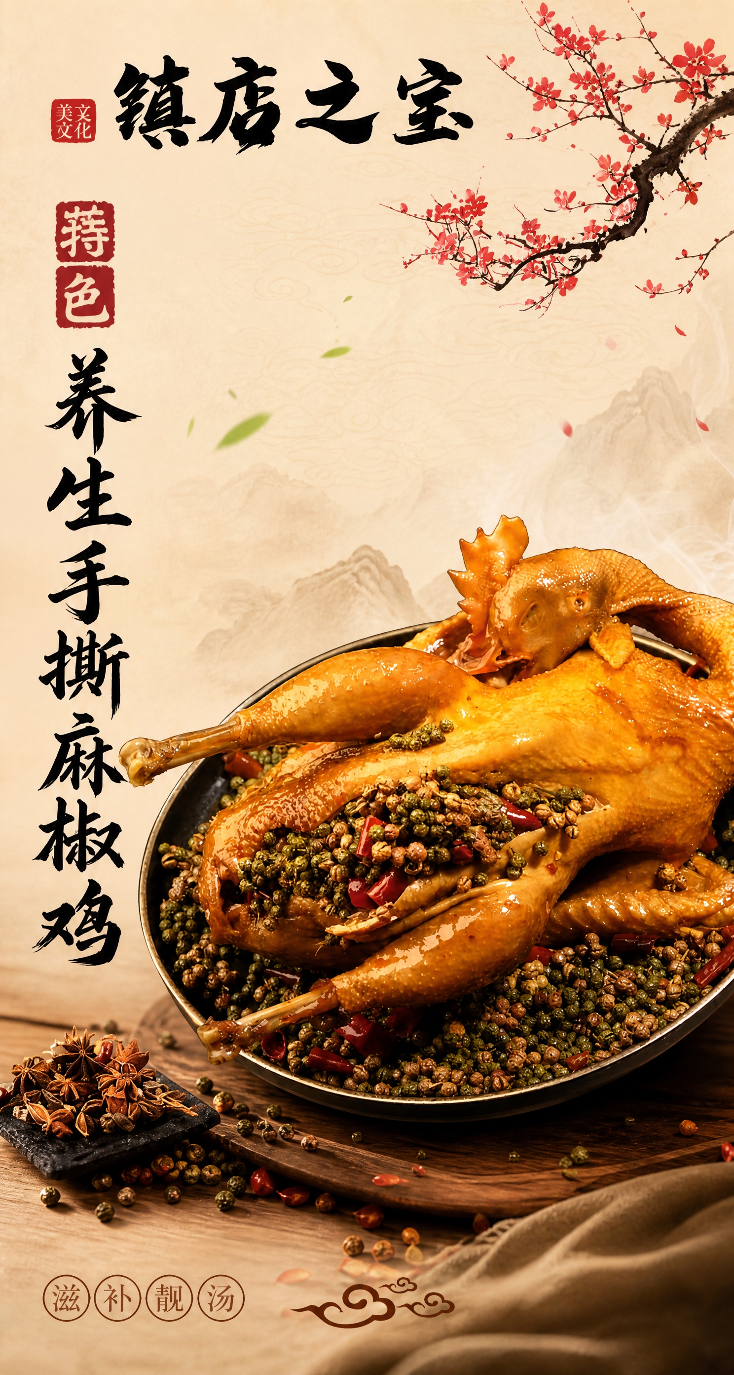 基于上传的手撕麻椒鸡商品图，制作一张竖版高清美食海报。画面主体… - 图片创意预览