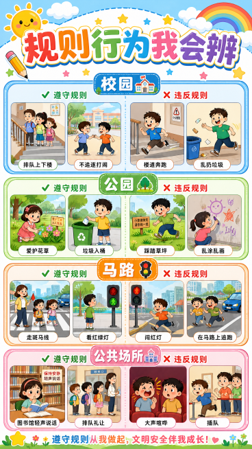 小学生手抄报小报，主题标题为"规则行为我会辨"，页面排版分四个板块，分别展示校园、公园、马路公共场所的2种遵守规则行为和2种违反规则行为，整体风格活泼童趣，适合小学生，色彩明亮干净预览效果