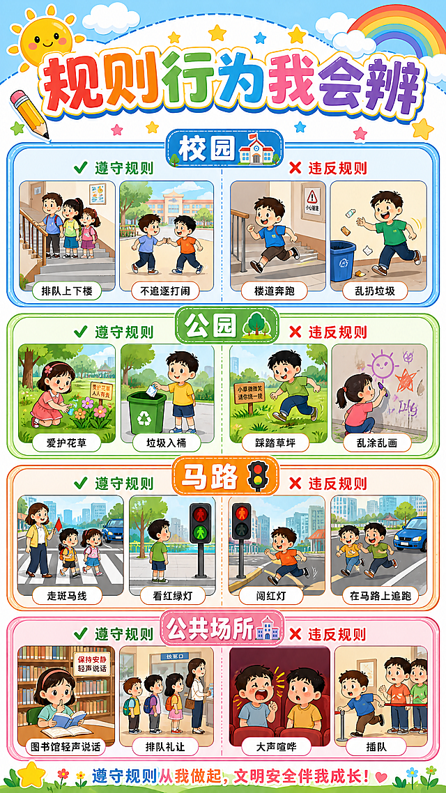 小学生手抄报小报，主题标题为"规则行为我会辨"，页面排版分四个板块，分别展示校园、公园、马路公共场所的2种遵守规则行为和2种违反规则行为，整体风格活泼童趣，适合小学生，色彩明亮干净