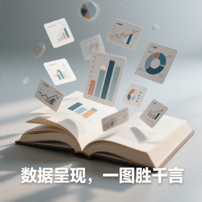 俯视角度，多个漂浮的3D数据可视化元素（如柱状图、饼图、数据卡片）从一本打开的书页中散落出来，背景是柔和的浅灰色，图片下方居中位置用醒目的粗体字写着"数据呈现，一图胜千言"预览效果