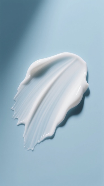 高分辨率摄影风格，柔和的自然光从左上方照射，在变换后的淡蓝色背景上，呈现出细腻柔滑、具有流动感的白色膏体，膏体造型变换为如同被轻柔涂抹开的扇形纹理，边缘呈现出自然的不规则波浪状，表面光滑且带有细微的光泽，阴影部分过渡自然，整体画面干净简约，色彩和谐统一，突出膏体的质感与形态。预览效果
