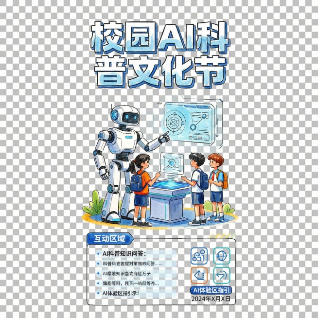 “校园 AI 科普文化节”主题海报，需包含活动名称、互动区域、自定义活动日期。
2.对海报进行风格迁移 （转为手绘风）和背景去除（保留主体元素）预览效果