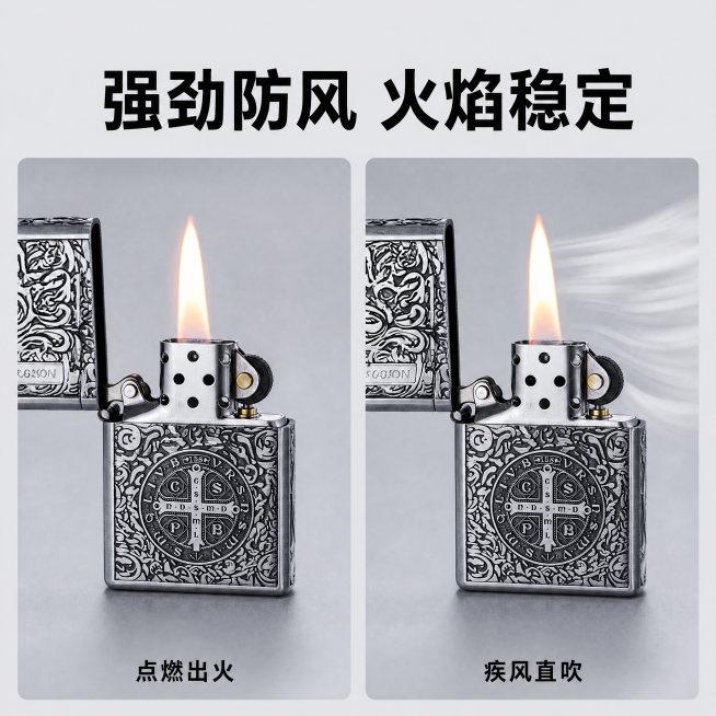 「图片1」，生成一套主图（5张），商品名称是佐罗煤油打火机，卖点是防风，适配淘宝/天猫平台，主图比例为1:1预览效果