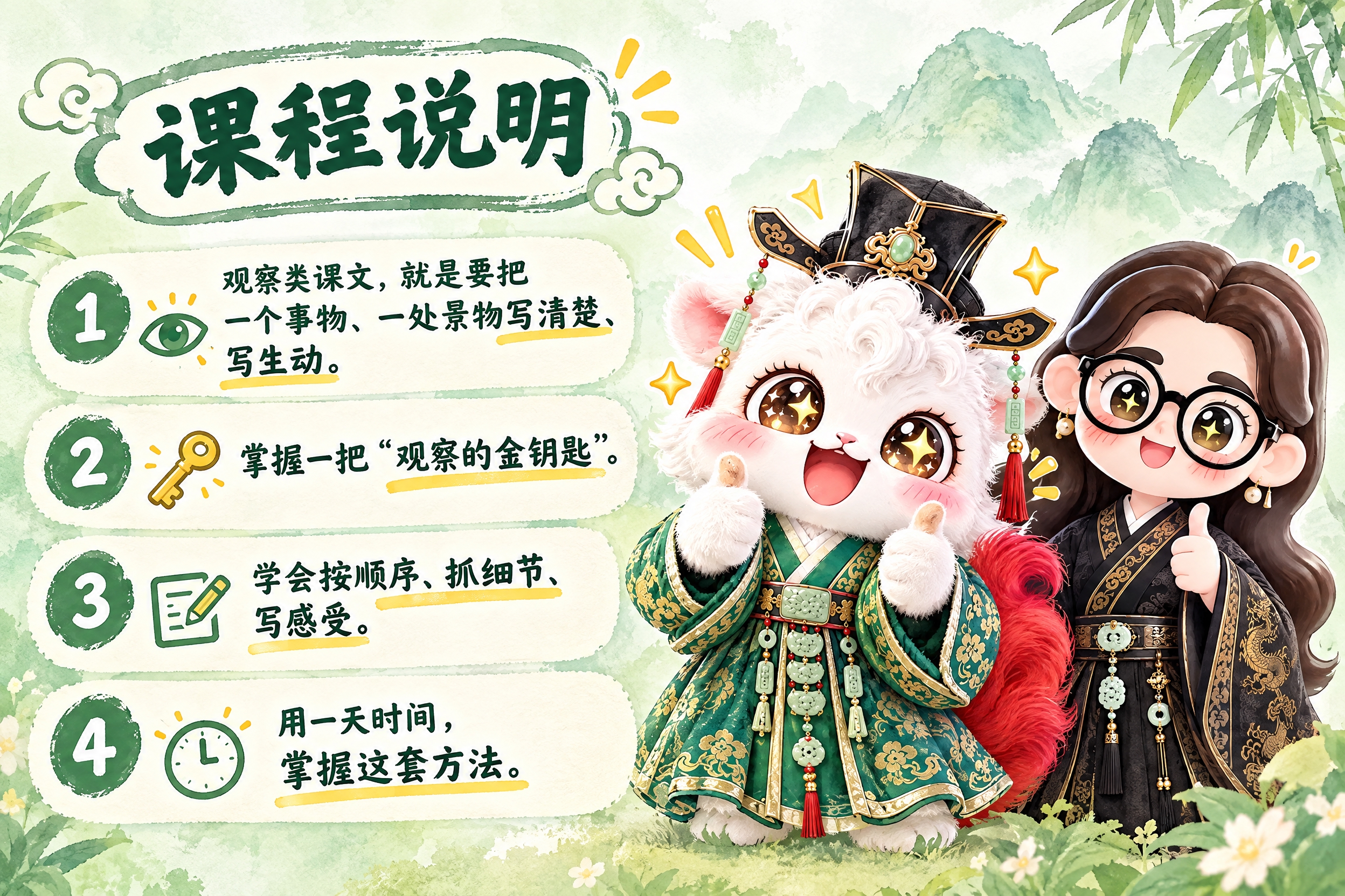 横版6寸比例的知识卡片设计，标题为"课程说明"，内容分四段：观… - 图片创意预览