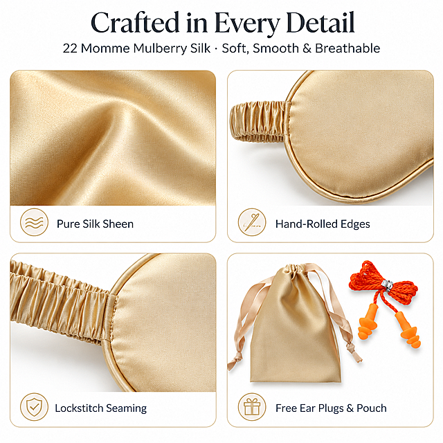 [Amazon Main Image 3 - Product Details] 1:1 square, pure white bright clean background, all English text. Silk sleep mask set detail close-ups.

[Product] Champagne gold mulberry silk sleep mask set from reference: oval eye mask, silk headband, scrunchie, ear plugs and drawstring pouch. Keep exact product colors (champagne gold, orange ear plugs), fabric texture and structure identical to reference.

[Layout] Clean white background with three or four rounded-corner detail cards arranged neatly (2x2 grid or one large detail + three small). Each card shows a magnified close-up:
1. Silk fabric macro: soft lustrous sheen, smooth fine mulberry silk weave texture, slight drape
2. Hand-rolled edge: neatly rolled silk edge with fine stitching, craftsmanship close-up
3. Lockstitch seaming: precise tight lockstitch seam on the mask strap connection
4. Bonus accessories: orange ear plugs on a woven cord + silk drawstring pouch
Each card has a small thin-line icon and short English label.

[Copy - English]
Main title (large, dark charcoal, elegant): "Crafted in Every Detail"
Subtitle: "22 Momme Mulberry Silk · Soft, Smooth & Breathable"
Detail labels:
- "Pure Silk Sheen"
- "Hand-Rolled Edges"
- "Lockstitch Seaming"
- "Free Ear Plugs & Pouch"

[Style] Pure white background (#FFFFFF), bright even soft studio light, clean tidy minimal, no clutter. Champagne gold product + charcoal text + subtle gold accents. Modern sans-serif labels, elegant serif title. 4K quality, sharp macro details, no watermark, no Chinese characters, no spelling errors, no ghosting.