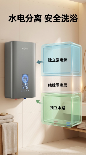 [主图 3] 水电分离安全技术展示。
[氛围风格] 温馨舒适家居治愈风
[画质] 商业摄影质感，光线柔和通透，产品清晰真实，画面干净高级
[元素] 整体为浴室场景，产品放置在画面左侧，右侧用三维示意图预览效果