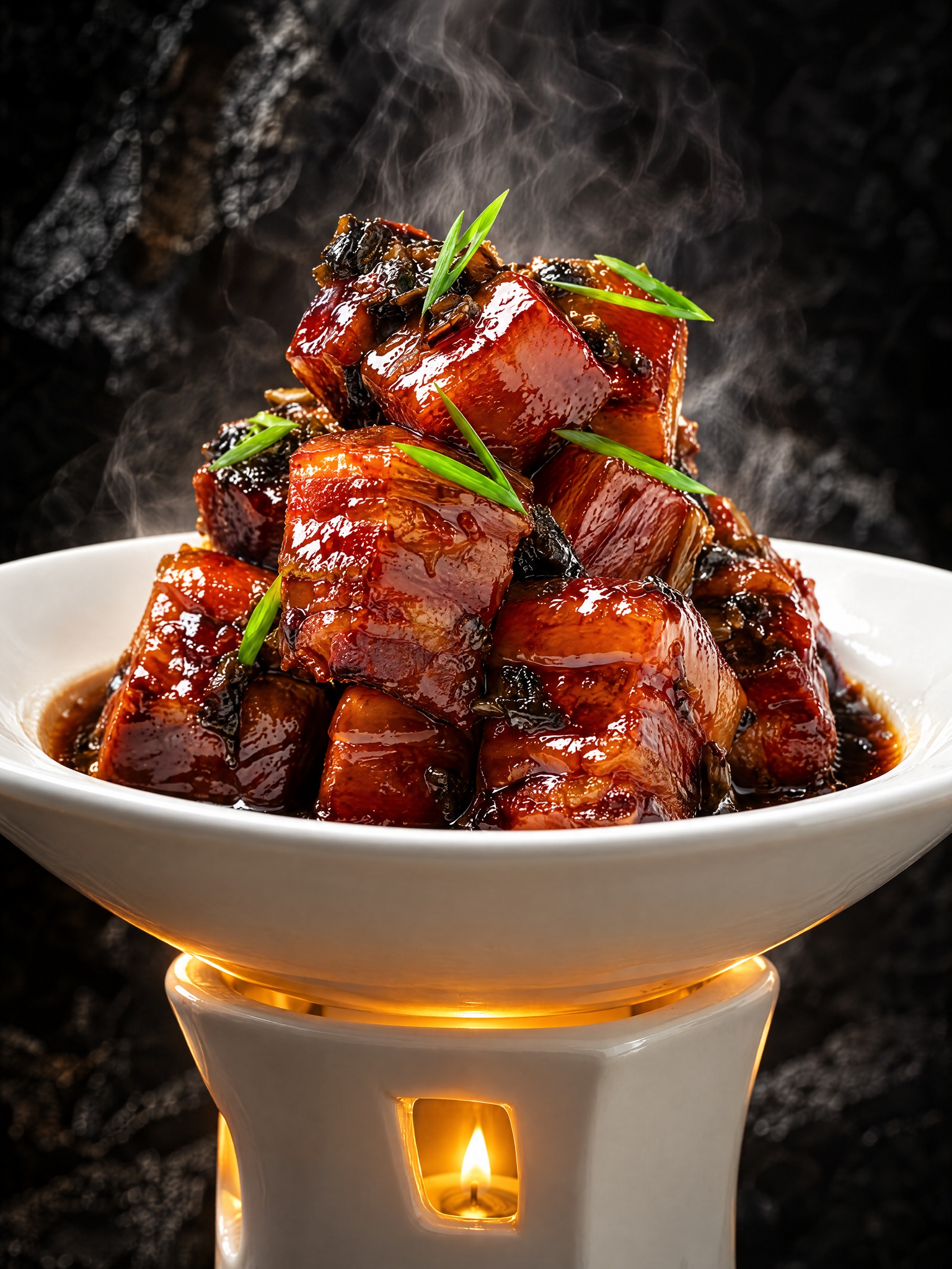 基于参考图中的红烧肉菜品，生成低角度仰视拍摄的美食摄影图，保持… - 图片创意预览