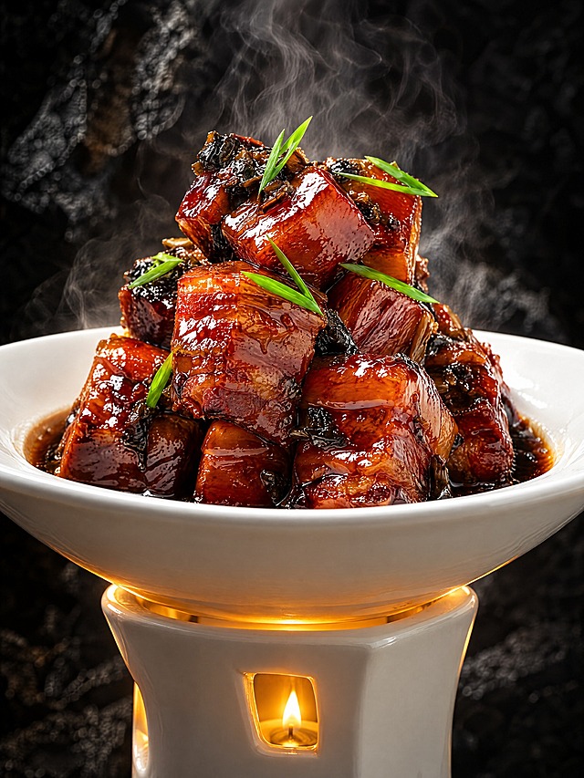 基于参考图中的红烧肉菜品，生成低角度仰视拍摄的美食摄影图，保持红烧肉色泽红亮油润、方块整齐，梅干菜点缀，顶部撒葱叶装饰，白色宽边瓷碗装盛，下方白色加热炉带烛光，深色岩石质感背景，暗调专业美食摄影，高清细节，诱人食欲