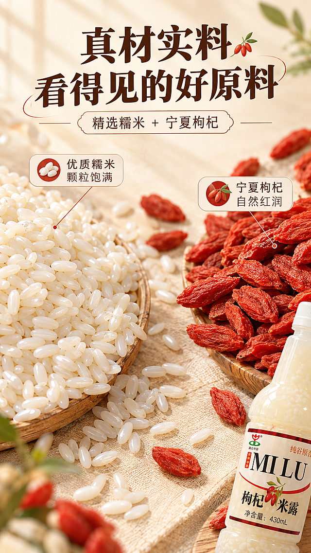[商品] 成分原料专张，产品瓶身仅作右下角辅助露出（占画面约15%），保留瓶身标签原貌；主画面为原料实拍。
[画面] 目标：成分/产地展示，原料微距平铺型。构图：俯拍平铺，糯米与枸杞铺满画面主视觉区域（合计占画面≥60%）；左侧大颗粒饱满糯米特写，右侧鲜红枸杞干特写，中间散落几粒熟米粒；右下角露出半瓶枸杞米露作为产品关联。前中后景通过景深虚化形成3层层次。阅读动线从左上原料到右下产品。
[视觉] 套系策略：风格=温润治愈中式轻食商业摄影；标题字=宋体粗体（带手写感衬线）；正文字=简洁无衬线体；主色=米杏白；背景延展=基于米杏白做深浅层级、同色渐变和细腻宣纸/木质纹理；强调色=枸杞红，仅用于小面积图标、引线、标签和重点词高亮；标题色=深棕褐；正文色=暖灰棕；组件=圆角浅米信息卡、细红引线、枸杞米粒小图标；光影=左前侧暖柔光，带轻微窗格影。
[文字] 上方主标题「真材实料 看得见的好原料」，副标题「精选糯米 + 宁夏枸杞」；画面左侧配文字块「优质糯米 颗粒饱满」，右侧配文字块「宁夏枸杞 自然红润」；文字全部横排，字号保证手机端清晰可读。
[规格] 图片比例9:16竖版，4K分辨率，负向提示：避免原料失真、枸杞颜色发黑、糯米发黄、文字过小、冷蓝调、塑料感。