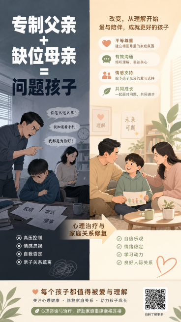 心理健康公益科普插画，画面分为左右对比，左侧是专制父亲正在严厉指责孩子，母亲忙于工作缺位家庭，标题文字"专制父亲+缺位母亲=问题孩子"，右侧是治疗后一家三口温馨交流，孩子露出笑容，整体风格温暖治愈，专预览效果