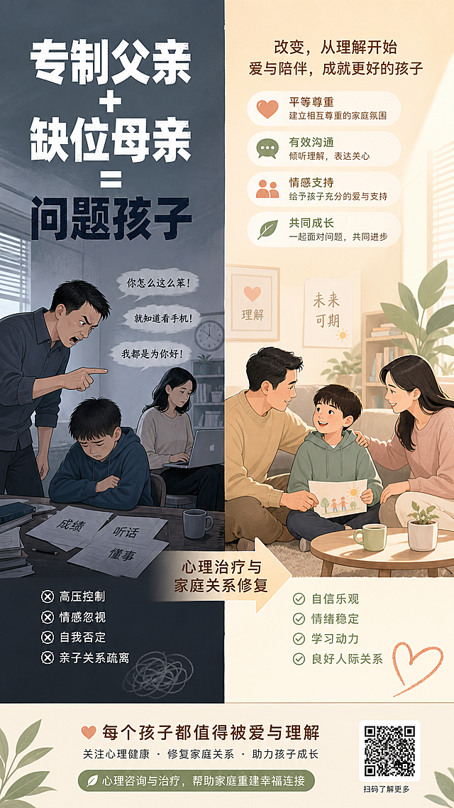 心理健康公益科普插画，画面分为左右对比，左侧是专制父亲正在严厉指责孩子，母亲忙于工作缺位家庭，标题文字"专制父亲+缺位母亲=问题孩子"，右侧是治疗后一家三口温馨交流，孩子露出笑容，整体风格温暖治愈，专业心理咨询配色，画面清晰，文字突出。