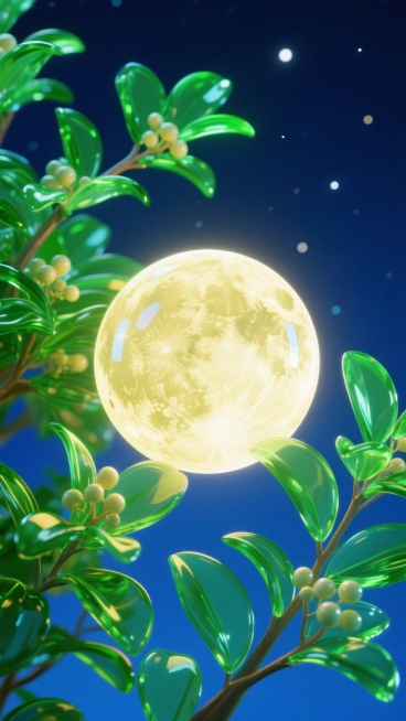 充满浪漫主义的圆月，与周围的桂树、夜空融为一体，色彩柔和且富有诗意，背景是如梦幻般的夜色，氛围浪漫悠远预览效果