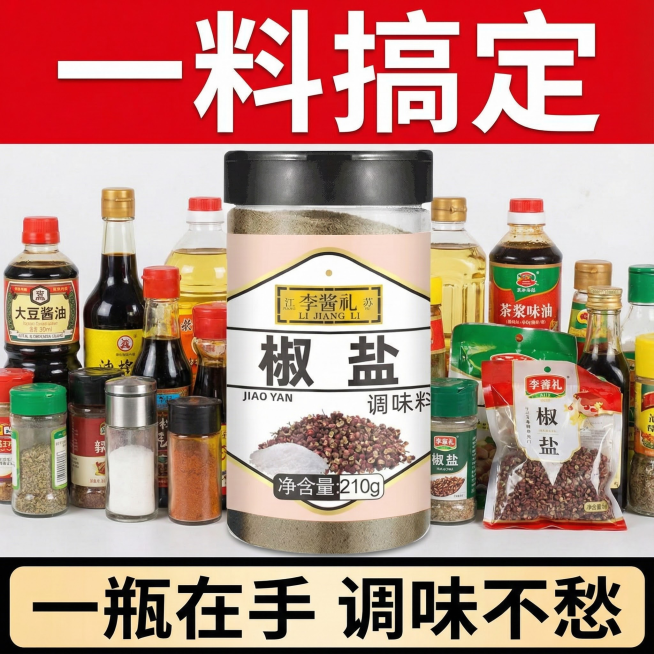 这张图片中的产品是椒盐调味料，我在拼多多卖这款产品，请帮我设计20张拼多多主图
主图文案要求：配料干净，咸淡适中，净含量210g，做菜口感味道好，烧烤撒料，火锅蘸料，油炸搭档，粉质细腻，海鲜/干锅/炒预览效果