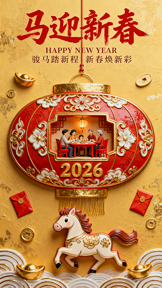 微缩艺术，马年新春海报，喜庆，融合传统新春元素与萌系Q版设计。前景为Q版奔跑姿态马形吉祥物，搭配红包、金元宝装饰；中心主体是巨大红色花灯春字造型（作为场景容器），中式纹样，春字内部嵌入微缩家庭聚餐场景（家人围坐红椅、餐桌，桌上有灯笼），春字带上“2026”金色字与传统花纹；主色调为暖金黄色深夜背景（装饰烟花、雪景和雪人、梅花），搭配红、金、白新春配色，整体色调柔和明快。醒目书法大字“马迎新春”（笔触灵动的红色书法体），书法字下方为英文“HAPPY NEW YEAR”+诗句“骏马踏新程 新春焕新彩”（简洁衬线字体）。