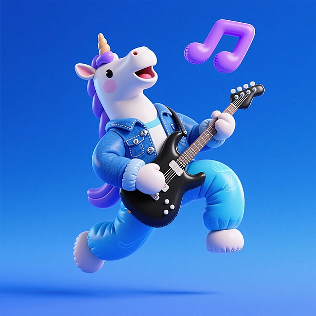 软3D风格的拟人化独角兽，身穿牛仔外套弹奏电吉他，充满可爱与卡通感，梦幻色彩搭配充气质感，展现音乐节的欢乐氛围。