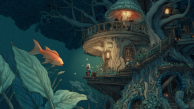 Close-up, detailed view of a magical ecosystem. A tiny, curious fish with a visible glowing spine swims up to the leaf-boat, illuminating the determined face of the pajama-clad explorer. In the background, the majestic treehouse is revealed: its balcony is a giant toadstool, lit from within, and its railings are twined with gentle, pulsing vines. A family of glowing raccoons peek from a root doorway. The style is a mix of scientific illustration wonder and fairy-tale warmth, with a focus on the symbiotic light of all living things in the scene.