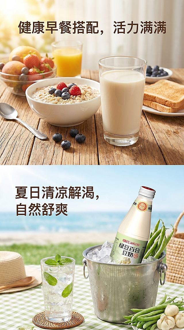 维氏绿豆百合豆奶饮用场景详情页，展示早餐搭配、夏日解渴场景，瓶装产品融入场景，竖版9:16详情页设计