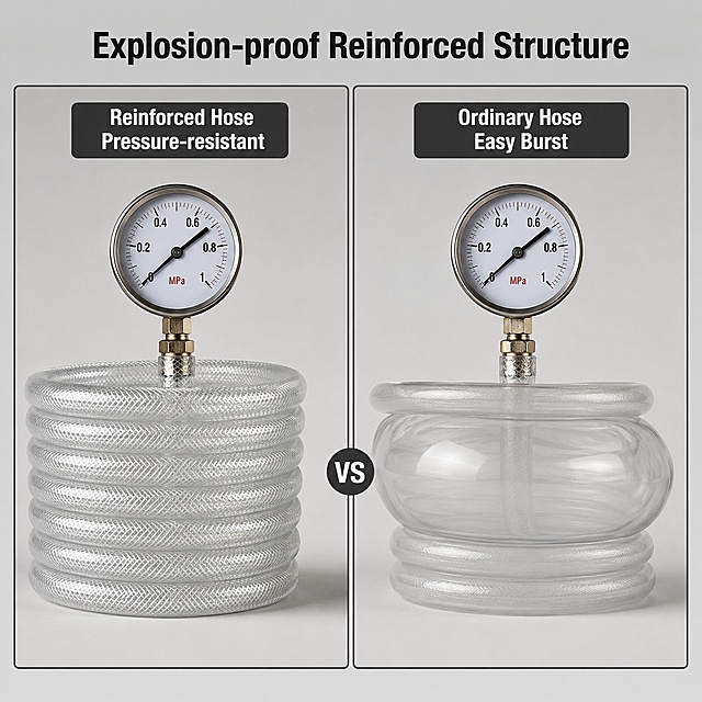 [Main Image 5] Pressure-resistant explosion-proof performance display
[Atmosphere Style] Technical result display style
[Image Quality] Commercial photography texture, clear contrast, high-definition
[Elements] Left side is our PVC fiber mesh hose under pressure test, maintaining complete shape, no bursting; right side is ordinary non-reinforced hose under pressure, obvious deformation bulge. Compare the two to show the advantages of this product. Background is light gray, the product maintains the same material and color as the original image
[Light and Shadow] Even soft light, clear contrast between the two groups of products, prominent contrast effect
[Color Matching] Main background light gray, product silver-white, comparison frame border dark gray, clear contrast
[Perspective Composition] Left-right split comparison composition, two products same specification, equal proportion, highlight performance difference
[Text Layout] Left side text: Reinforced Hose Pressure-resistant, right side text: Ordinary Hose Easy Burst, top center title: Explosion-proof Reinforced Structure, text clear and recognizable, all in English
[Output Requirements] 1:1 ratio, 2048x2048 pixels, text clear, ultra high-definition commercial photography texture
[Negative Prompt] Deformation, text confusion, blurry product image, messy background, watermark, extra marketing information, Chinese characters