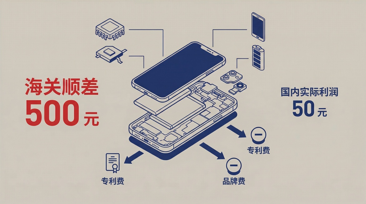暖灰深蓝配色，画面核心是手机拆解图，左侧标注 “海关顺差 500 元” 红色大字，右侧标注 “国内实际利润 50 元” 蓝色小字，手机旁有芯片、屏幕等海外零部件图标，还有专利费、品牌费的无形价值扣费箭预览效果