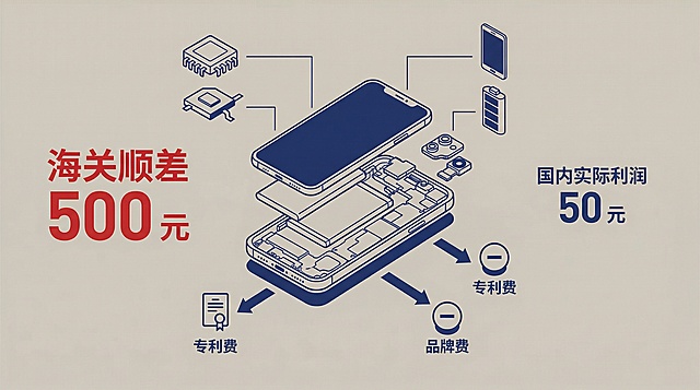 暖灰深蓝配色，画面核心是手机拆解图，左侧标注 “海关顺差 500 元” 红色大字，右侧标注 “国内实际利润 50 元” 蓝色小字，手机旁有芯片、屏幕等海外零部件图标，还有专利费、品牌费的无形价值扣费箭头，数据清晰突出，元素简洁