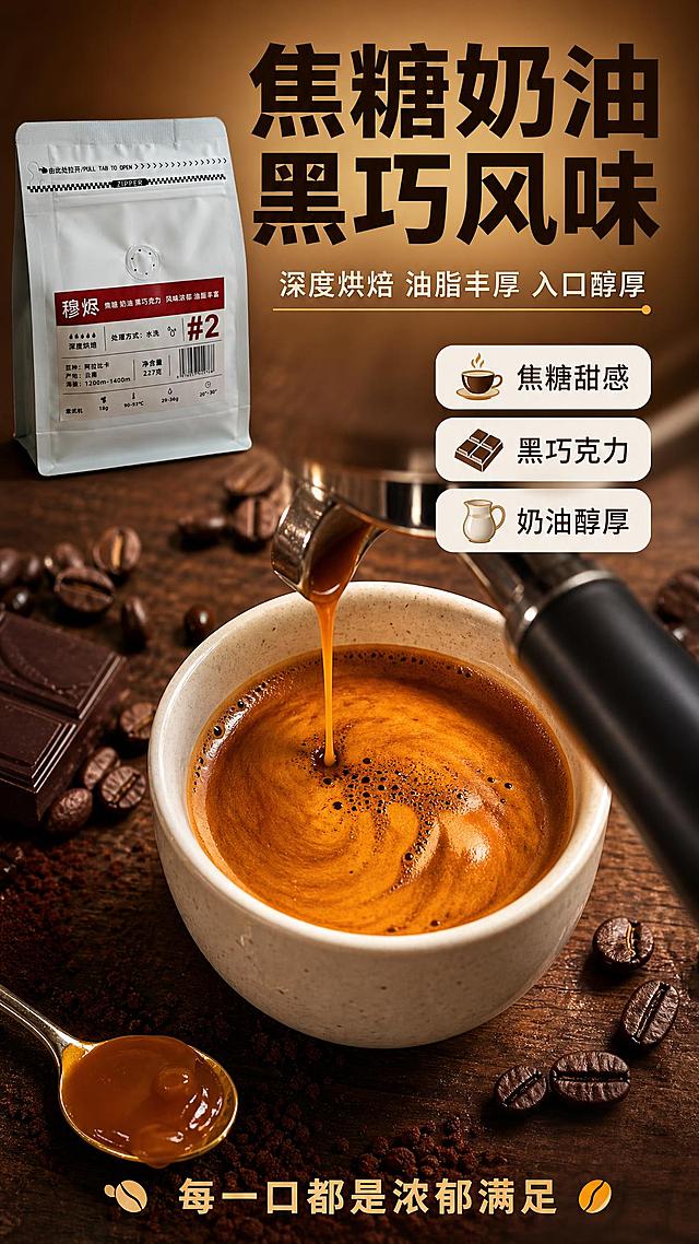 [商品] 使用【图2】穆烬#2咖啡豆包装袋放在画面左上角作品牌露出，占画面约15%；保留所有包装文字与外观，袋身挺括修复。主视觉为咖啡液油脂微距特写和冲煮瞬间。
[画面] 目标：口感与质地特写，强化焦糖奶油黑巧克力风味感知。构图：画面中心偏下为意式浓缩咖啡萃取特写——金棕色浓稠咖啡液从咖啡机流出，注入白瓷杯，表面形成厚厚的虎斑纹crema油脂，占画面约50%；周围散落深棕色咖啡豆、少量可可粉、一块黑巧克力、一勺焦糖酱作为风味联想道具；左上角放产品袋；背景为深棕色木质桌面，暖光侧打，突出油脂光泽感，微距景深，前中后3层。
[视觉] 套系策略：风格=拼多多接地气高性价比商业摄影风+咖啡暖调氛围；标题字=粗黑无衬线大字（思源黑体Heavy）；正文字=常规无衬线体（思源黑体Regular）；主色=深咖啡棕+暖焦糖棕；背景延展=暖棕渐变、木质纹理、咖啡渍晕染做深浅层级；强调色=焦糖金，仅用于小面积图标、引线、标签和高光；标题色=深咖啡棕；正文色=深暖灰；组件=圆角白底信息卡、粗线引线、咖啡豆图标；光影=侧暖光，突出油脂反光和浓稠质感。
[文字] 顶部大主标题"焦糖奶油 黑巧风味"；副标题"深度烘焙 油脂丰厚 入口醇厚"；画面右侧3个风味标签竖排："☕ 焦糖甜感""🍫 黑巧克力""🥛 奶油醇厚"；底部一行"每一口都是浓郁满足"；文字全部横排，位于画面上半部分和右侧，不遮挡咖啡液油脂主视觉。
[规格] 图片比例9:16竖版，4K，负向提示：避免变形、错字、文字过小、冷色调、咖啡液颜色失真、虚假功效描述、极限词。