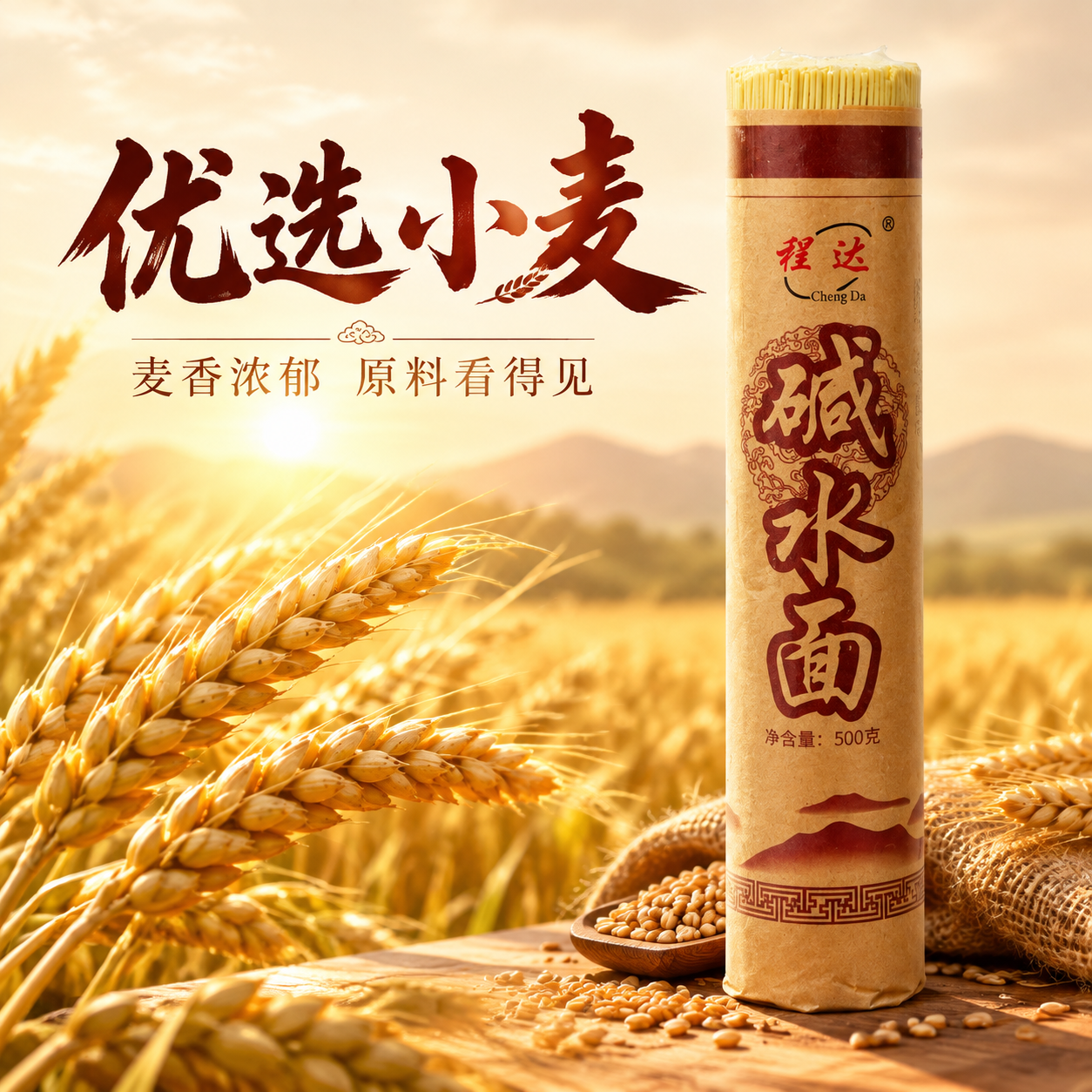 【主图-2】原料溯源图。程达碱水面牛皮纸筒装包装置于画面右侧，… - 图片创意预览