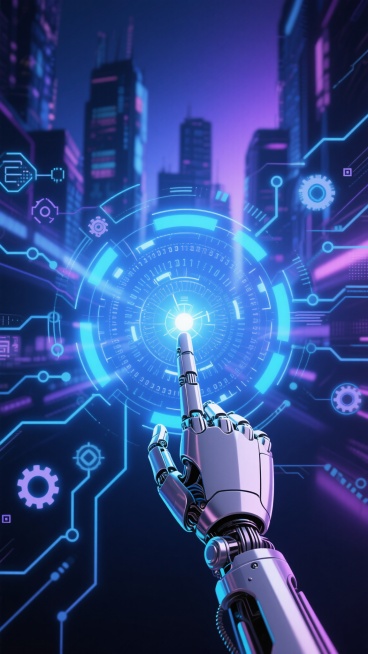 未来科技感人工智能主题插画，画面中央是一只精密的金属机械手臂，手指正触摸一个散发着蓝色光芒的全息圆形界面，界面内有复杂的数字纹路和核心光点。背景为模糊的高科技城市剪影与数据流交织，整体采用蓝紫色调为主的渐变光效，搭配深色背景营造神秘深邃的氛围。大量发光的电路线条、齿轮图标和数据节点遍布画面，呈现出科技感与未来感。光影效果突出机械臂的金属质感和全息界面的透明发光特性，构图采用中央聚焦式，视觉引导……预览效果