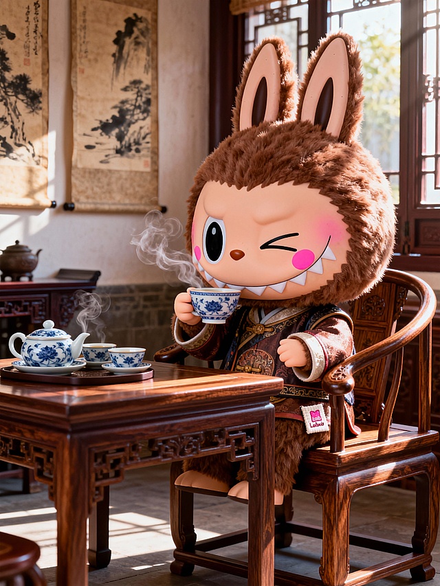 labubu在古色古香的茶室里品茶
