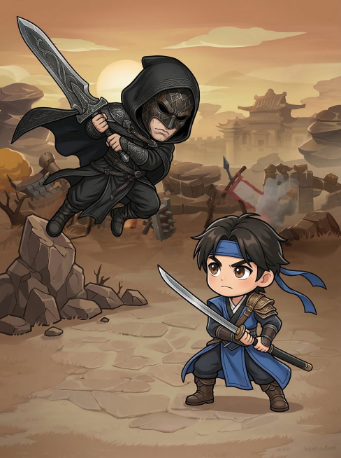 两个Q版武侠角色在黄昏战场废墟场景中打斗对峙：黑衣刺客从空中发起攻击，蓝衣武者在地面准备迎击，仅设计打斗动作，无额外打斗特效，整体Q版卡通插画风格，场景保持破败古战场氛围预览效果