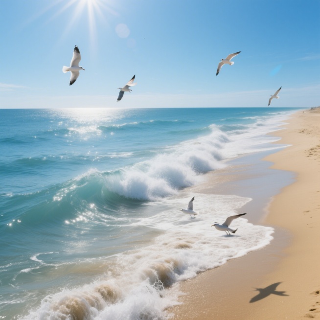 写实摄影风格自然风景，夏日海滨，细腻的金色沙滩边，湛蓝的海水翻卷着白色浪花，几只海鸟在低空盘旋，远处海平面与蓝天相接，阳光明媚海风习习预览效果