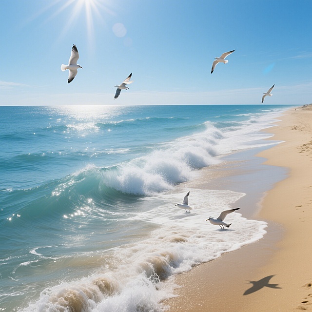 写实摄影风格自然风景，夏日海滨，细腻的金色沙滩边，湛蓝的海水翻卷着白色浪花，几只海鸟在低空盘旋，远处海平面与蓝天相接，阳光明媚海风习习