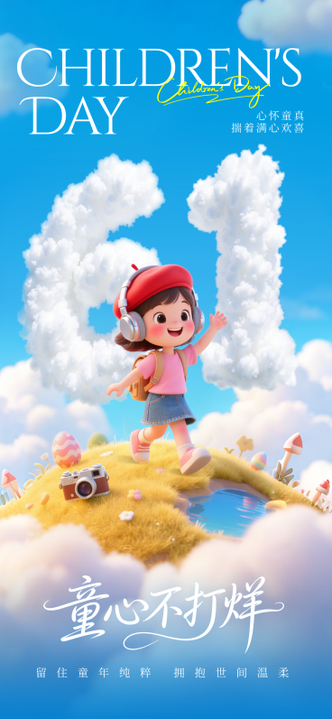 61儿童节节日营销祝福3D卡通通用全屏竖版海报预览效果