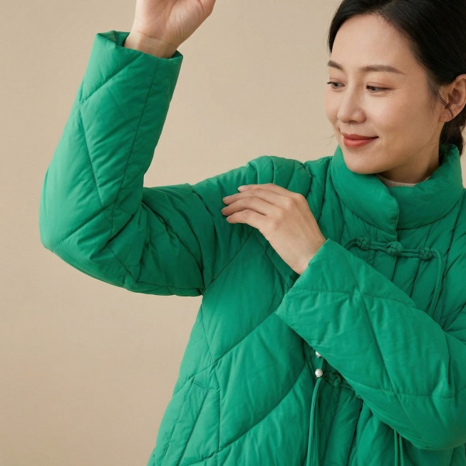这是一款羽绒服外套，帮我生成10张人物模特图片，10张图片不同角度，要求同一个女生模特，模特年龄大约28-40岁之间预览效果