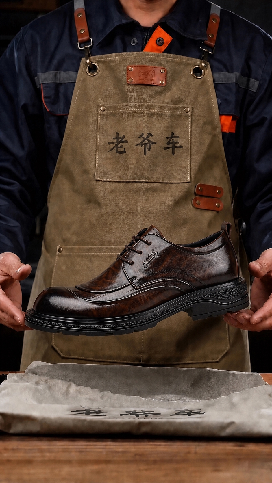 将图中人物双手捧着的黑色皮鞋替换为图2中的棕色擦色皮鞋，保留鞋… - 图片创意预览